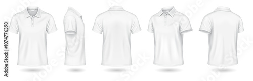 Versatile white polo shirts mockup design realistic vector illustration set. Casual attire with copy space 3d models on white background