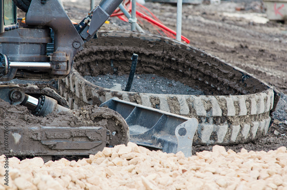 Brocken excavator tracks at a construction site during earth-moving operations Brocken excavator tracks at a construction site during earth-moving operations