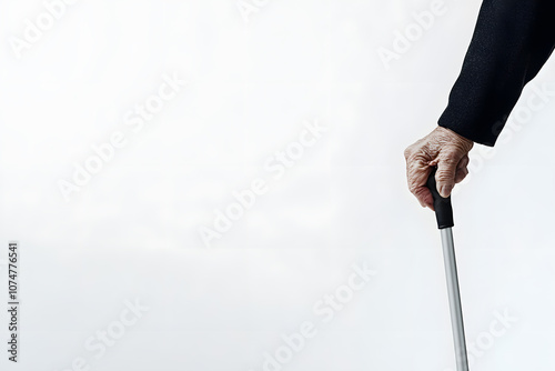 Wrinkled hand of an old man holding a walking cane Isolated