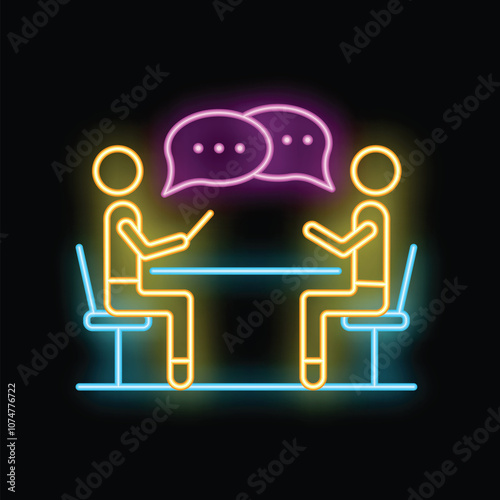 Neon sign representing two business people discussing business while sitting at a desk, could be used to illustrate a business meeting
