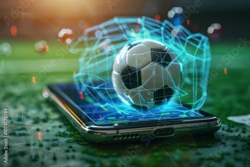Wallpaper Mural Soccer ball resting on a smartphone displaying a field, symbolizing modern digital sports and gaming. Torontodigital.ca