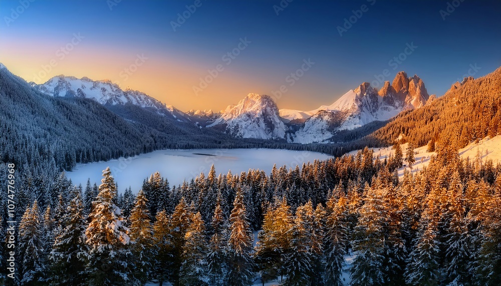 Obraz premium A breathtaking view of a snow-covered mountain range, bathed in the light of a bright, clear sky, showcasing nature's majestic beauty and tranquility.