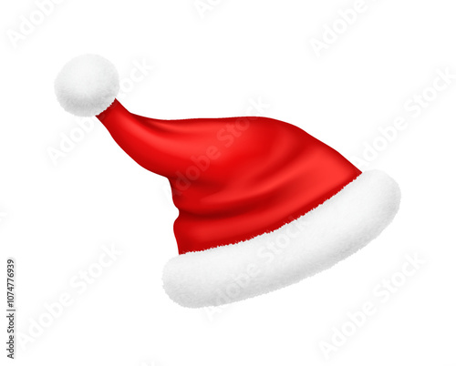 Vivid Santa Claus red hat with raised pompom realistic vector illustration. Happy new year holiday traditions 3d model on white background