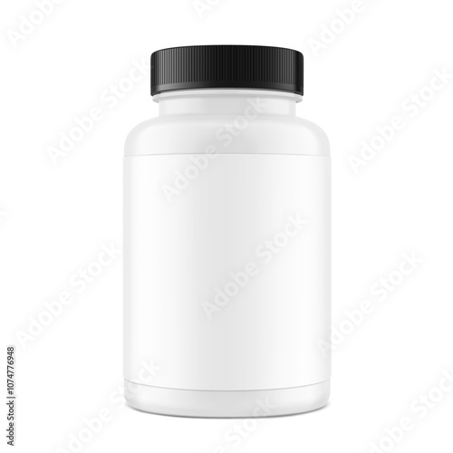 Plastic packer pill bottle mockup with label for treats, vitamins, supplements isolated on white background. Vector illustration. ready for your design. EPS10.