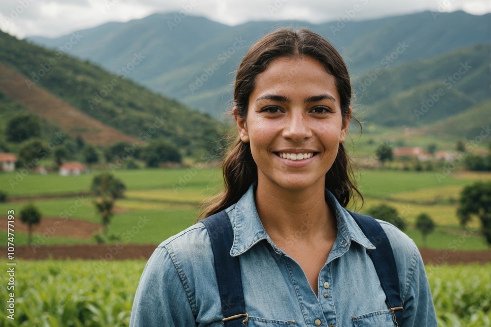 Close portrait of a smiling young Colombian female farmer standing and looking at the camera, outdoors Colombian rural blurred background