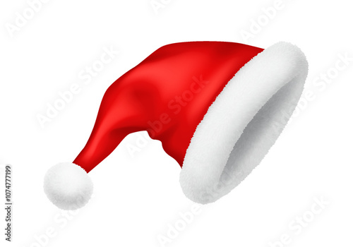 Traditional Santa headwear with soft fur realistic vector illustration object. Christmas holidays season attribute 3d model on white background