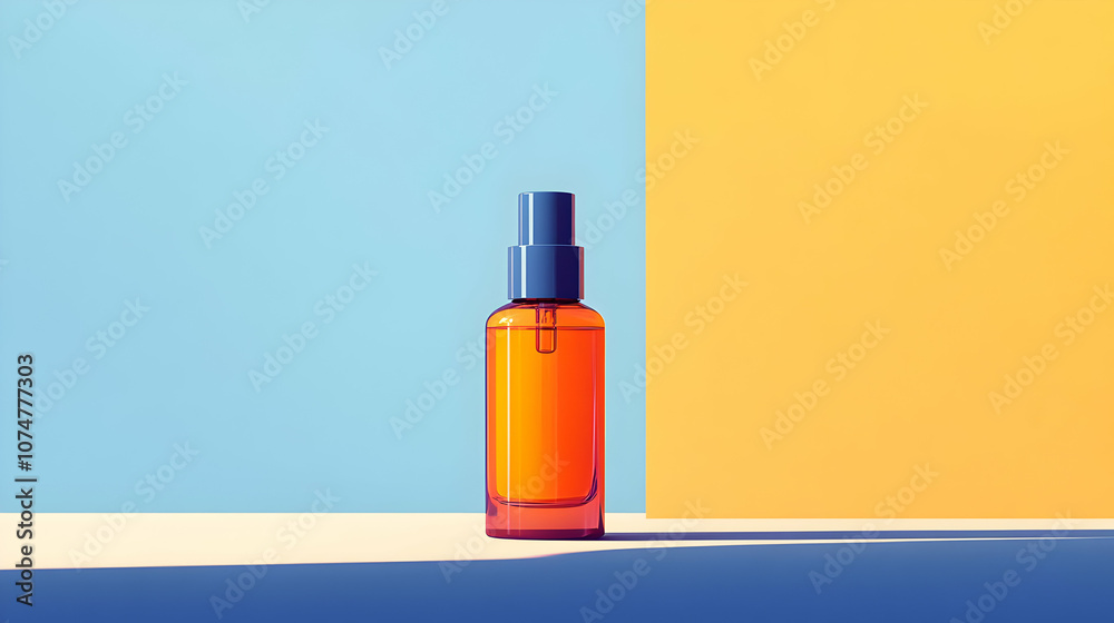 Amber Glass Spray Bottle Mockup on Blue and Yellow Background - 3D Render Amber Glass Spray Bottle Mockup on Blue and Yellow Background - 3D Render
