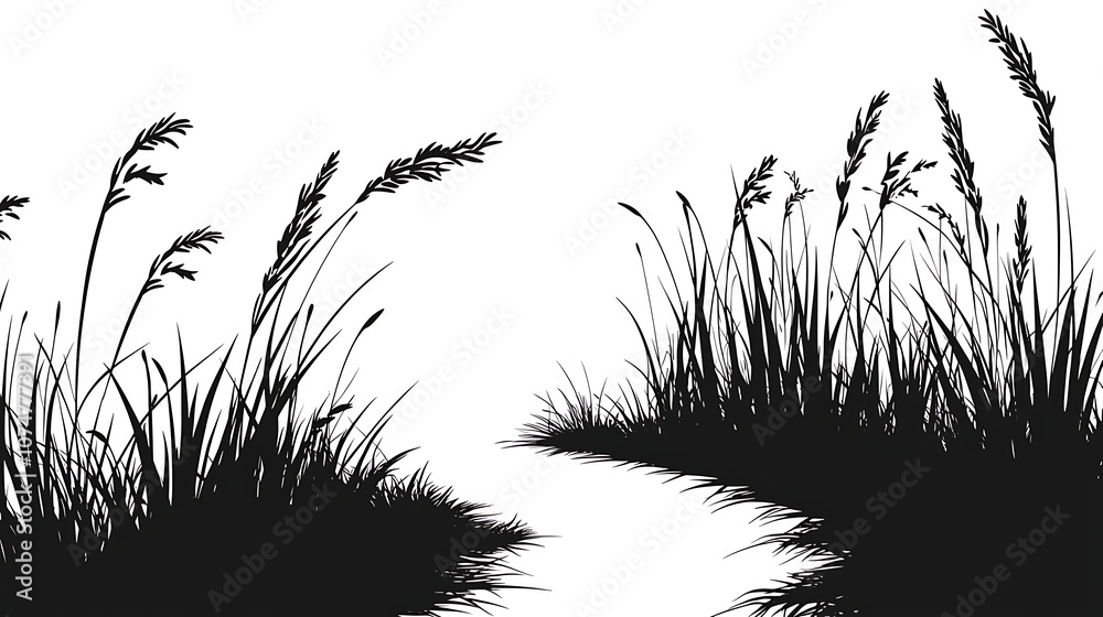 Naklejka premium Silhouette of Grasses and Reeds Along a Peaceful Pathway, Evoking Tranquility and Natural Beauty in a Minimalist Black and White Design