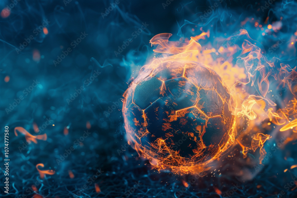 Fiery soccer ball with sparkling energy trails against a smoky, blue background. Fiery soccer ball with sparkling energy trails against a smoky, blue background.