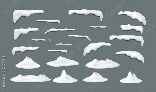 Snow caps and snowdrifts of various shapes realistic color icons set. Winter atmosphere enhancing festive designs 3d objects on grey background
