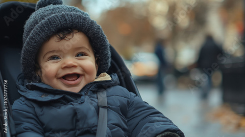 Happy baby boy in stroller 