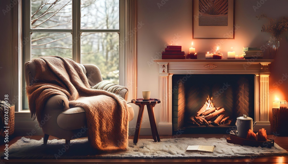 Fototapeta premium A warm, inviting Danish living room bathed in soft, golden candlelight, creating a serene and cozy atmosphere perfect for relaxation and comfort.