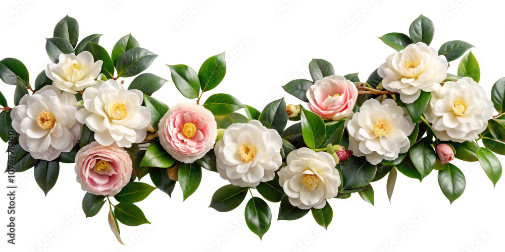Fototapeta premium garland of camellia flowers, transparent background