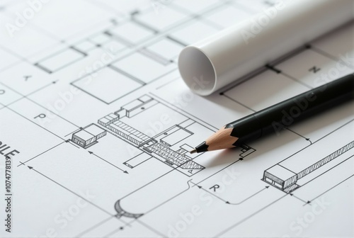 A pencil is currently resting on top of a detailed drawing of a building