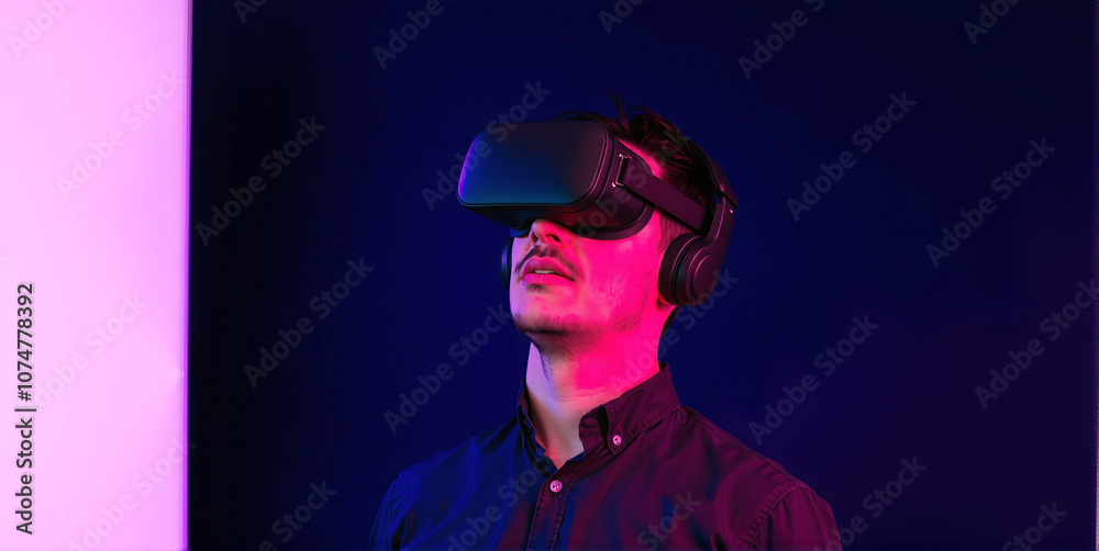 Person moves in a virtual reality with a virtual reality headset on the head, experience of artificial realities for art, science and entertainment Person moves in a virtual reality with a virtual reality headset on the head, experience of artificial realities for art, science and entertainment