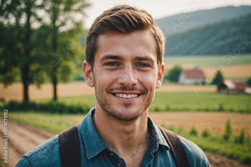 Close portrait of a smiling young Czech male farmer standing and looking at the camera, outdoors Czech rural blurred background