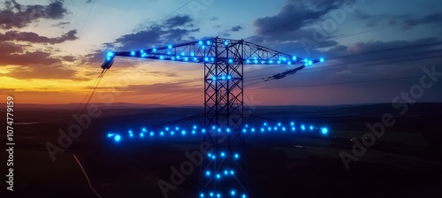 Glowing Powerlines at Sunset Stunning Neon Lights on an Electric Transmission Tower photo