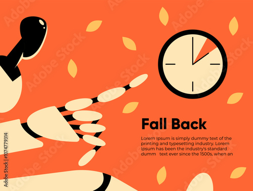 Fall Back. Daylight saving time ends banner with AI Robot wall clock and bright autumn foliage decoration. Set your clocks back one hour on November 3, 2024. Flat Vector illustration.