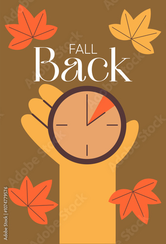 Fall Back. Daylight saving time ends banner with wall clock and hand and bright autumn foliage decoration. Set your clocks back one hour on November 3, 2024. Flat Vector illustration.