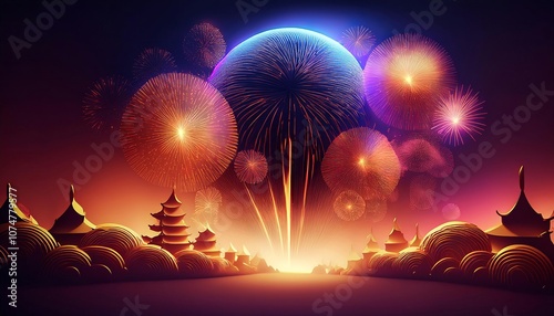 A colorful New Year scene celebrating both Western and Chinese traditions, with fireworks, lanterns, and festive decor symbolizing unity and joy. photo