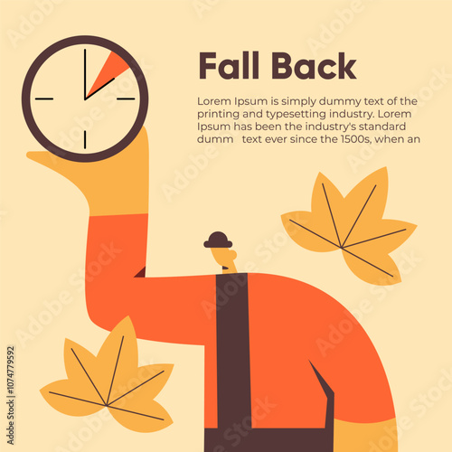 Fall Back. Daylight saving time ends banner with Boy and wall clock and bright autumn foliage decoration. Set your clocks back one hour on November 3, 2024. Flat Vector illustration.
