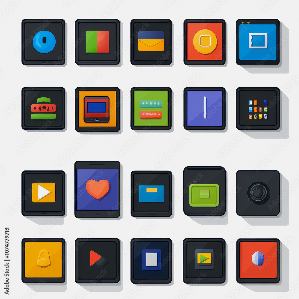 A vibrant collection of flat icons displayed on a clean white background. This set features various symbols ideal for digital projects, applications, and modern designs. A vibrant collection of flat icons displayed on a clean white background. This set features various symbols ideal for digital projects, applications, and modern designs.