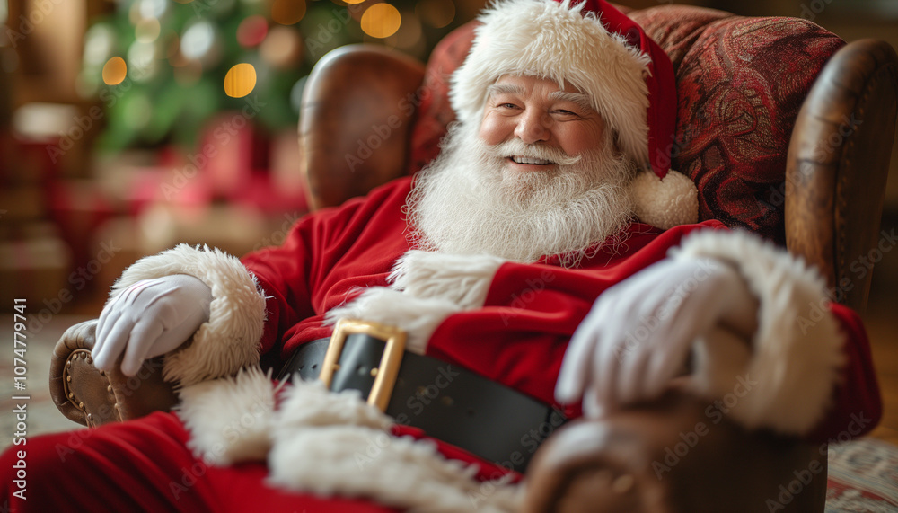 Banner of smiling Santa Claus portrait with kind eyes sitting in a chair on Christmas background with tree and blurred lights indoors Banner of smiling Santa Claus portrait with kind eyes sitting in a chair on Christmas background with tree and blurred lights indoors