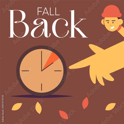 Fall Back. Daylight saving time ends banner with Boy in Hat wall clock and bright autumn foliage decoration. Set your clocks back one hour on November 3, 2024. Flat Vector illustration.