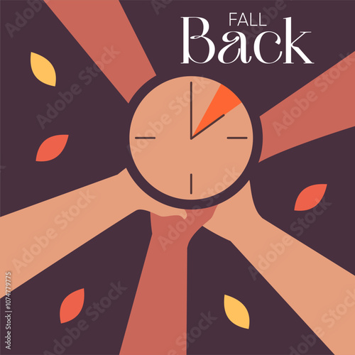 Fall Back. Daylight saving time ends banner with wall clock and bright autumn foliage decoration and people community. Set your clocks back one hour on November 3, 2024. Flat Vector illustration.