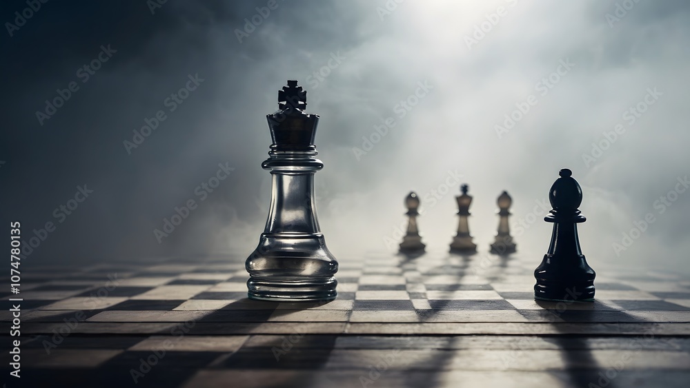 A Dramatic Chess Match Unfolds With Illuminated Pieces Shrouded in Mist During a Tense Evening Atmosphere