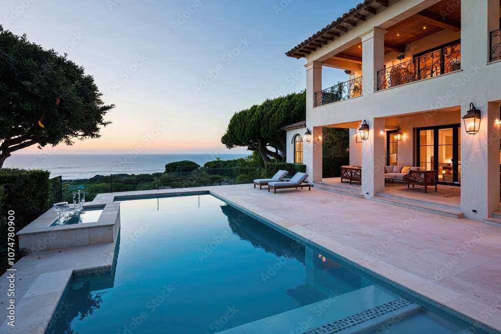 Fototapeta premium Stunning Mediterranean Villa with Pool and Terrace Boasting Breathtaking Ocean Views