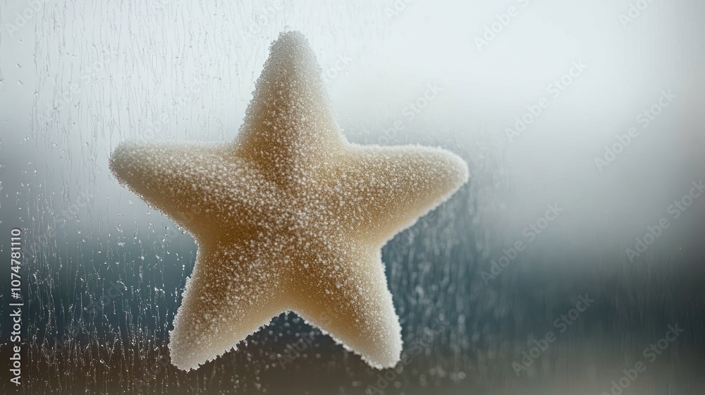 A star-shaped sugar decoration on a misty window, evoking a cozy, festive atmosphere. A star-shaped sugar decoration on a misty window, evoking a cozy, festive atmosphere.