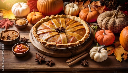 A delectable display of traditional Thanksgiving pies, including pumpkin and apple, artfully arranged for a festive holiday gathering. photo