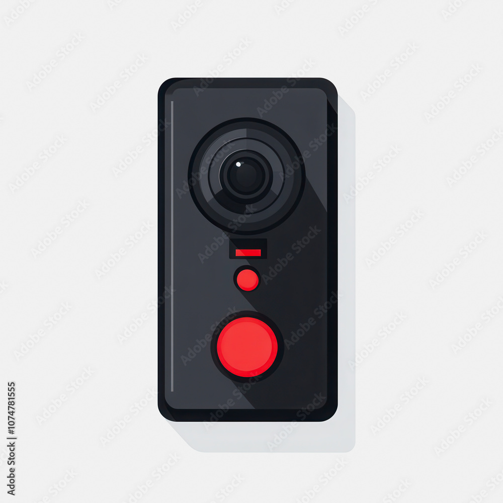 A simple flat icon representing a doorbell camera, designed in a modern style. The black device features a prominent red button, ideal for technology and security-related projects. A simple flat icon representing a doorbell camera, designed in a modern style. The black device features a prominent red button, ideal for technology and security-related projects.