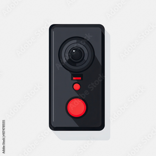 A simple flat icon representing a doorbell camera, designed in a modern style. The black device features a prominent red button, ideal for technology and security-related projects.