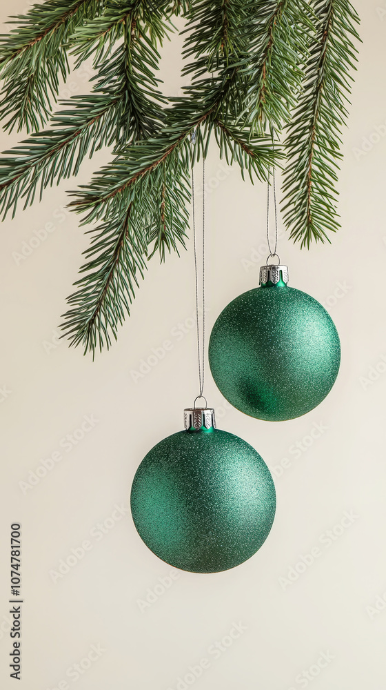 Aesthetic green christmas toy ball hanging on fir branches, light background. Festive template. Generative AI Aesthetic green christmas toy ball hanging on fir branches, light background. Festive template. Generative AI
