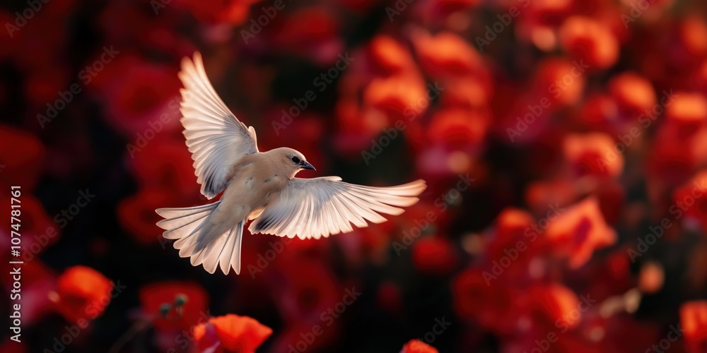 Obraz premium An overhead view of a Corn Bunting fluttering just above a field of poppies, its wings spread wide in motion