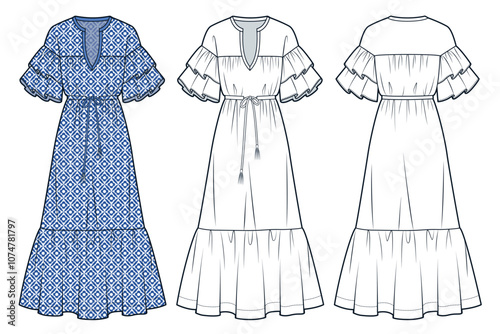 Ruffle Sleeve Dress technical fashion illustration, floral design. Tiered Dress fashion flat technical drawing template, drawstrind waist, front and back view, white, blue, women CAD mockup set.