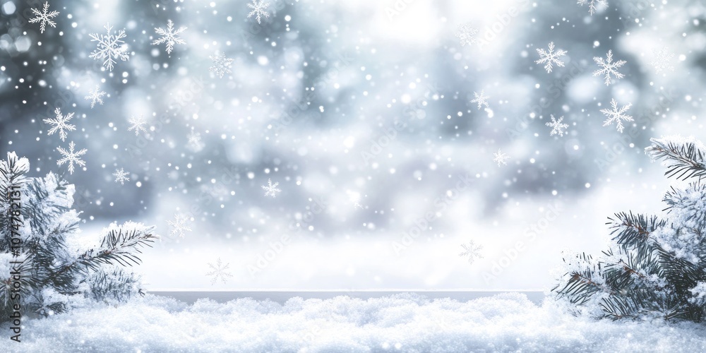 A serene winter scene featuring falling snowflakes and frosty branches. A serene winter scene featuring falling snowflakes and frosty branches.