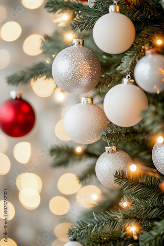 A Christmas tree with many white and red ornaments