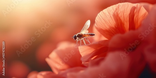 An overhead view of a hoverfly hovering near the center of a large, open poppy
