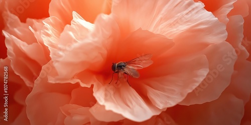 An overhead view of a hoverfly hovering near the center of a large, open poppy