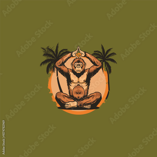 Monkey yoga nature logo design vector vintage