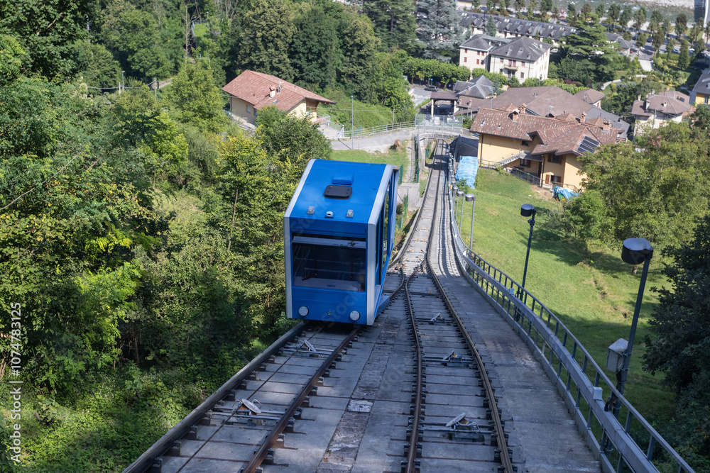 Fototapeta premium The newly refurbished and re opened Funicular Railway in San Pellegrino Terme, Bergamo, Italy. Looking down towards the town and river Brembo. With copy space.