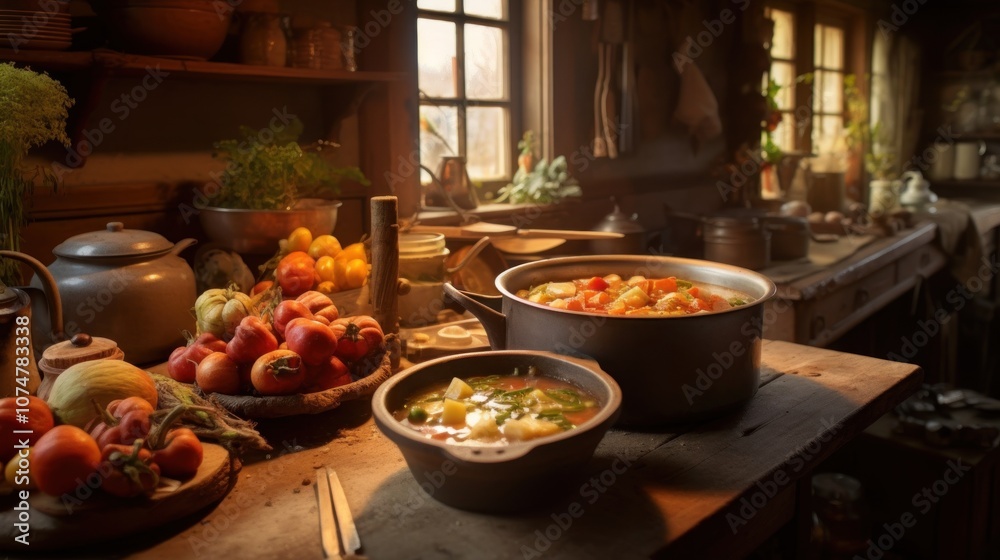 Rustic Kitchen with Hearty Stews Rustic Kitchen with Hearty Stews
