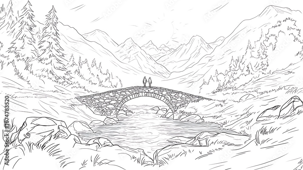 Naklejka premium Serene Mountain Landscape with a Stone Bridge and Two Silhouettes Amidst Nature's Beauty, Perfect for Relaxation and Escape to Tranquility
