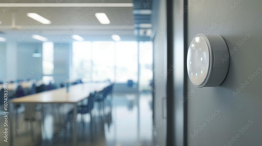A sleek, modern fire alarm mounted on an office wall, with a bright room visible in the background, perfect for showcasing advanced safety systems in professional environments. A sleek, modern fire alarm mounted on an office wall, with a bright room visible in the background, perfect for showcasing advanced safety systems in professional environments.