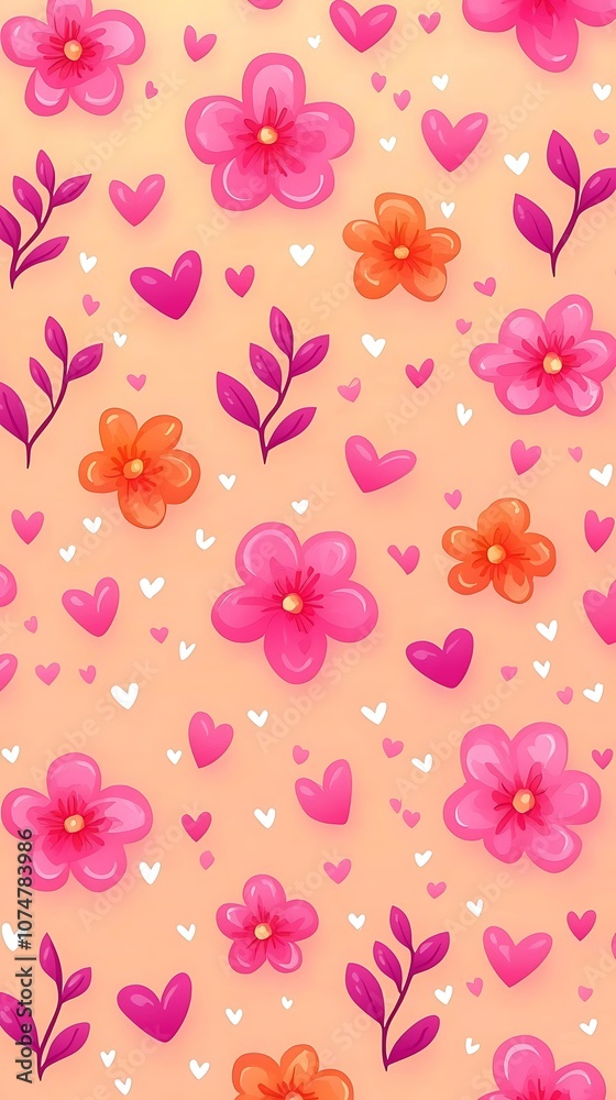 Fototapeta premium Vibrant Floral Pattern with Pink Flowers, Hearts, and Leaves on a Warm Background, Perfect for Creative Projects, Textiles, and Digital Designs