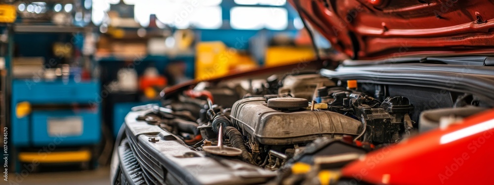 Fototapeta premium Under the Hood: A Mechanic's Detailed Examination.Concept of vehicle maintenance, car repair, automotive industry, mechanical engineering.