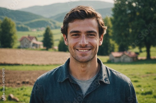 Close portrait of a smiling young Georgian male farmer standing and looking at the camera, outdoors Georgian rural blurred background